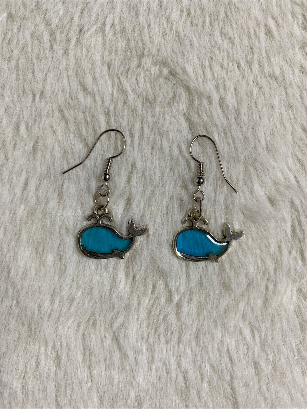 Whale Drop Earrings in Enamel Teal & Silver Dangle 1.25in